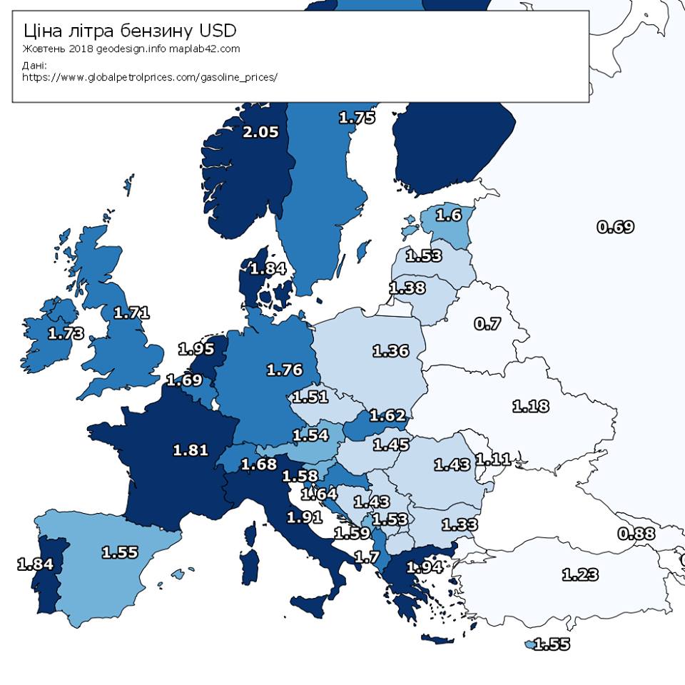 Сколько литров бензина может купить украинец и житель другой европейской страны: опубликована карта