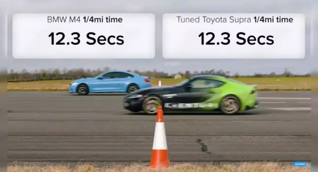 Пользователей сети впечатлило видео дрэга Toyota Supra с BMW M4